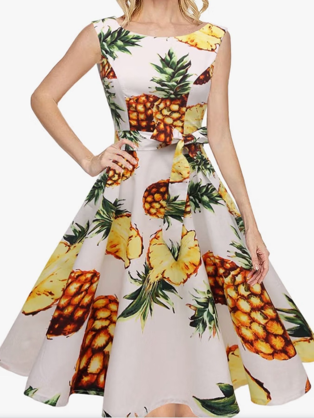 Vintage Style 1950's Pineapple Print Swing Dress - White/Yellow